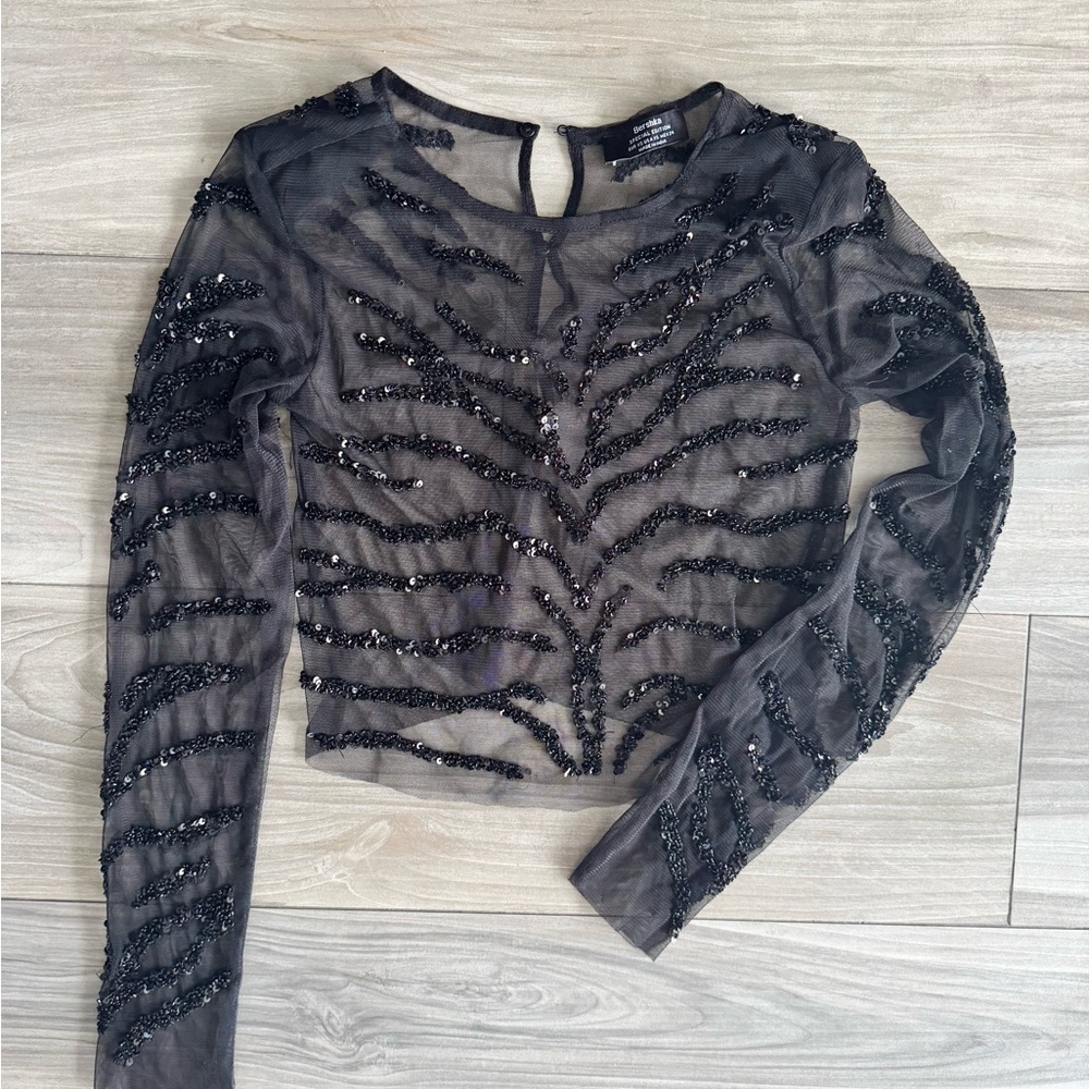 Bershka Black Sheer Beaded Blouse